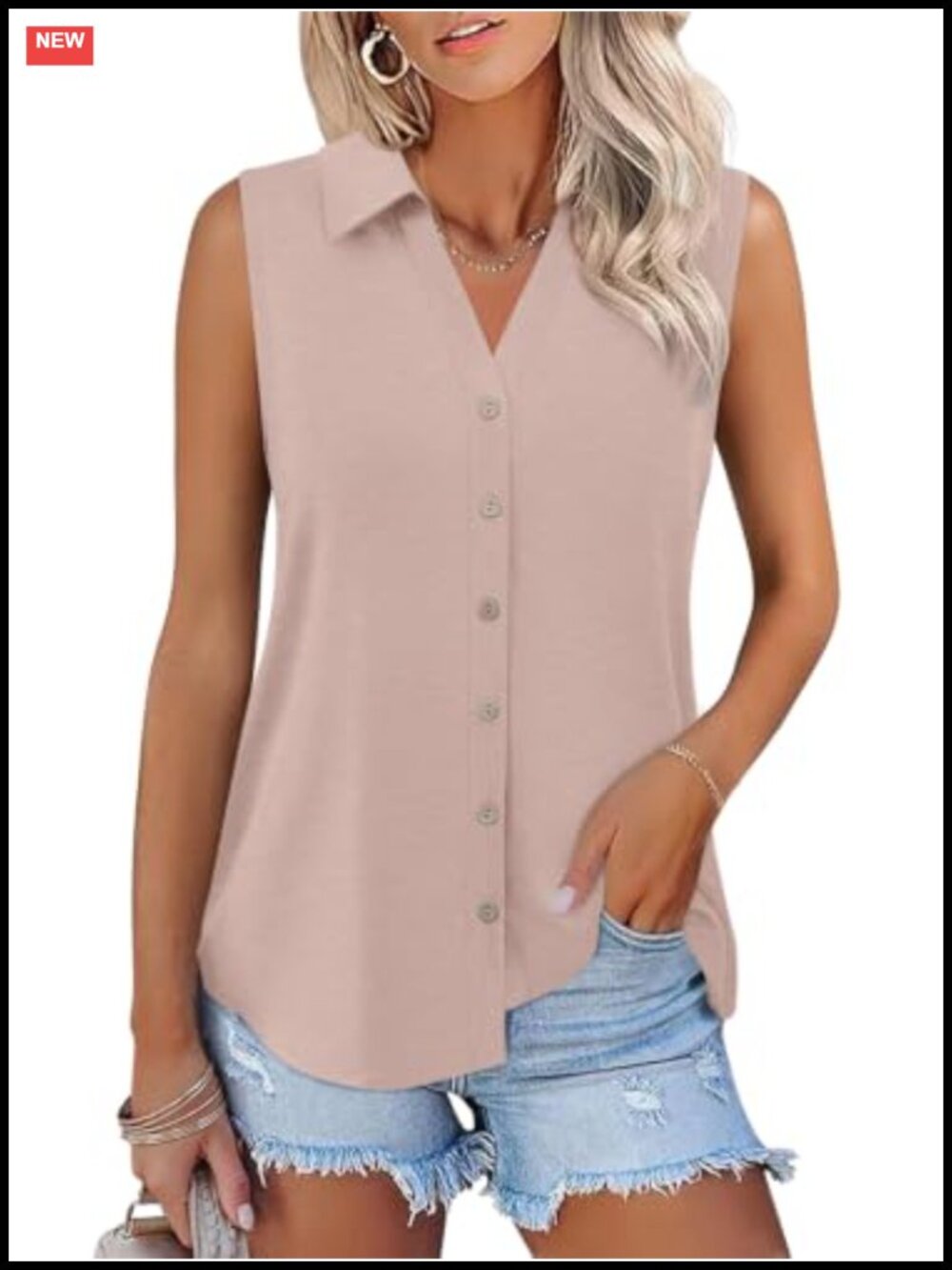 Women's Button Down V-Neck Tank Top Sleeveless Business Casual Shirt